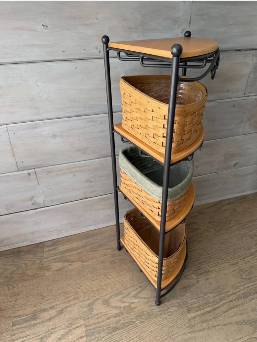 Longaberger Wrought Iron Large Corner Rack Stand & 4 woodcrafts shelves & Basket